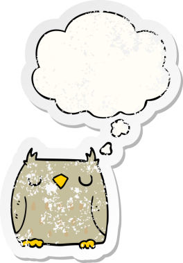 Düşünce baloncuğu olan sevimli çizgi film baykuşu bir insan tarafından çizilmiş yıpranmış bir çıkartma.