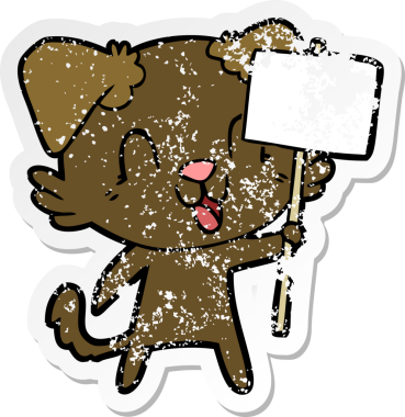 Bir insan tarafından çizilmiş tabelalı, gülen bir köpeğin sıkıntılı çıkartması.