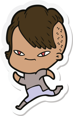 Hipster saç kesimi bir insan tarafından çizilmiş şirin bir çizgi film kızına ait etiket.