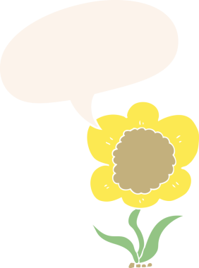 bir insan tarafından çizilmiş, konuşma baloncuklu karikatür çiçeği