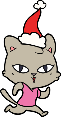 Bir insan tarafından çizilmiş Noel Baba şapkası giymiş bir kedinin el çizimi çizimi.