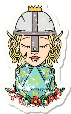 Bir insan tarafından çizilmiş 20 zarlı bir elf dövüşçüsünün grunge sticker 'ı