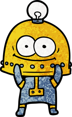 Bir insan tarafından çizilmiş ampullü mutlu karton robot.