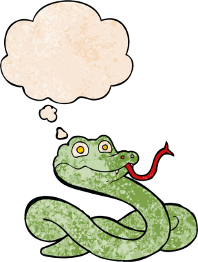 Bir insan tarafından çizilmiş grunge desenli düşünce baloncuklu çizgi film yılanı.