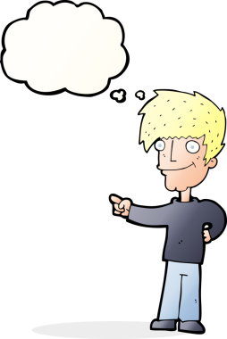 Bir insan tarafından çizilen düşünce baloncuğuyla işaret eden çizgi film adamı.