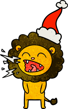 Kükreyen bir aslanın el çizimi bir insan tarafından çizilmiş Noel Baba şapkası.