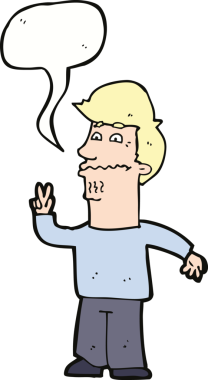 Bir insan tarafından çizilmiş konuşma balonuyla barış işareti yapan çizgi film adamı.