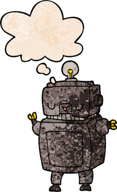 Bir insan tarafından çizilmiş grunge desenli düşünce baloncuğu olan çizgi film robotu.