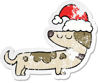 Bir insan tarafından çizilmiş noel şapkası giyen çizgi film köpeğinin sıkıntılı çıkartması.