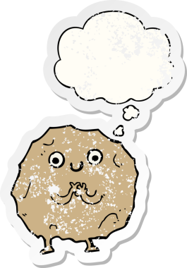 Düşünce baloncuğu olan karikatür rock karakteri insan tarafından çizilmiş yıpranmış bir çıkartma.