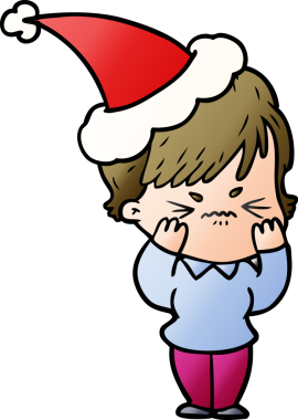 Bir insan tarafından çizilmiş Noel Baba şapkası giymiş hayal kırıklığına uğramış bir kadının el çizimi karikatürü.