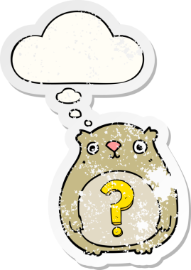 Düşünce baloncuklu çizgi film meraklısı ayı bir insan tarafından çizilmiş yıpranmış bir çıkartma.