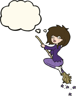 Bir insan tarafından çizilmiş düşünce balonuyla süpürgeye binen cadı çizgi filmi.