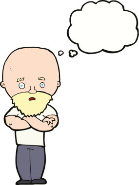 Karikatür, sakallı kel adamı şok etti. Düşünce baloncuğu insan tarafından çizildi.