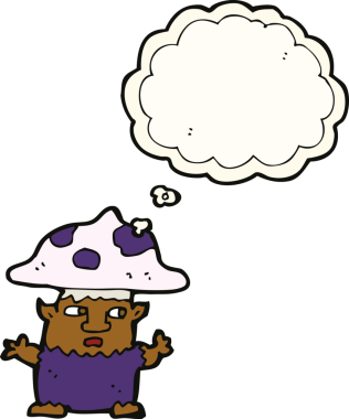 Bir insan tarafından çizilmiş düşünce balonlu küçük mantar adam.