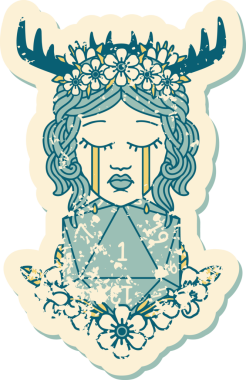 Ağlayan insan bir Druid 'in grunge çıkartması. Bir insan tarafından çizilmiş doğal bir D20 ruloyla.