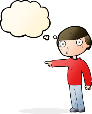 Bir insan tarafından çizilen düşünce baloncuğuyla işaret eden çizgi film adamı.