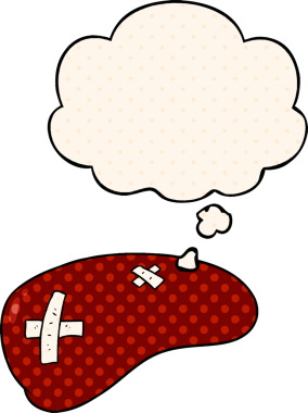 Karaciğeri bir insan tarafından çizilmiş çizgi roman şeklinde bir düşünce baloncuğuyla onardı.