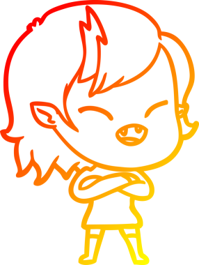 Bir insan tarafından çapraz kollarla çizilmiş gülen bir vampir kızın çizgi çizimi.