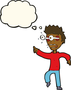 Bir insan tarafından çizilmiş düşünce baloncuğuyla gözleri fırlayan çizgi film adamı.