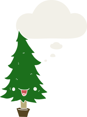 Bir insan tarafından çizilmiş düşünce baloncuğu olan şirin bir çizgi film Noel ağacı.