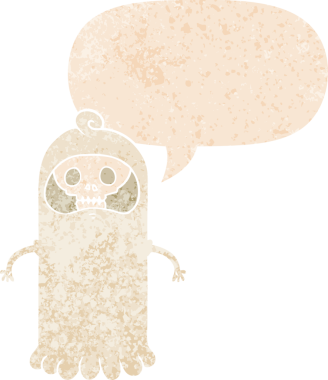 Bir insan tarafından çizilmiş grunge sıkıntılı retro desenli konuşma baloncuklu garip kafatası hayaleti.