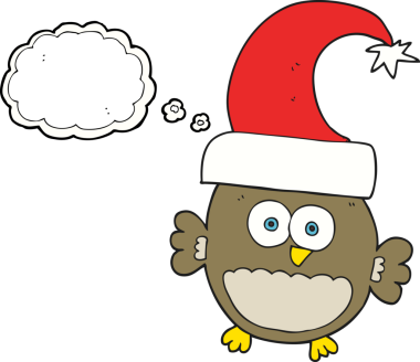 Bir insan tarafından çizilmiş serbest çizim balon karikatürü küçük noel baykuşu.