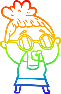 Bir insan tarafından çizilmiş gözlük takan bir karikatür kadının çizimi.