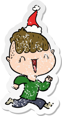 Bir insan tarafından çizilmiş Noel Baba şapkası giymiş mutlu bir çocuğun el çizimi çıkartması.