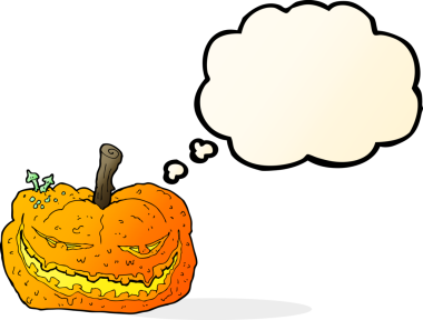 Bir insan tarafından çizilmiş düşünce baloncuklu Cadılar Bayramı balkabağı çizgi filmi.