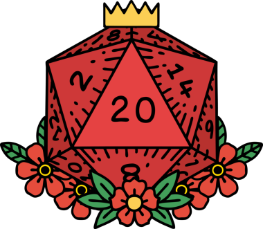 Retro Dövme Biçimi Doğal 20 D20 zar bir insan tarafından çizilmiş çiçek elementleriyle