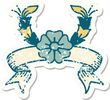 Bir insan tarafından çizilmiş dekoratif bir çiçeğin pankartıyla eski bir etiket.