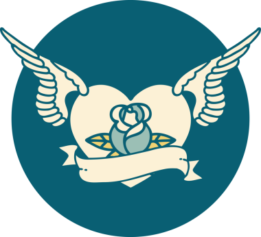 Bir insan tarafından çizilmiş çiçek ve bayrak ile uçan bir kalbin ikonik dövme görüntüsü