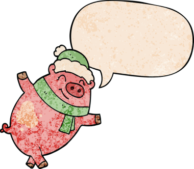 Çizgi film domuzu Noel şapkası takıyor ve insan tarafından çizilmiş eski moda konuşma baloncuğu var.