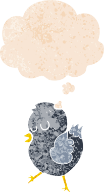 Düşünce baloncuğu ve grunge ile çizgi film kuşu bir insan tarafından çizilmiş sıkıntılı retro tarzı