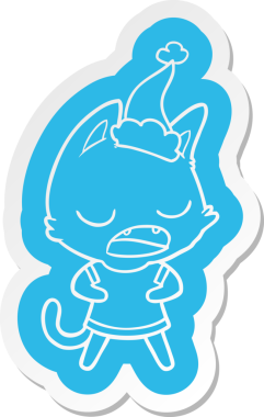 Konuşan kedi çizgi filmi çıkartması Noel Baba şapkası giyen bir insan tarafından çizilmiş.