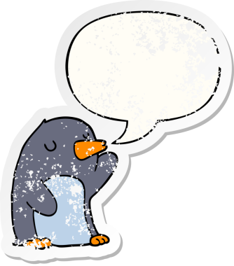 Konuşma baloncuğu olan karikatür pengueni bir insan tarafından çizilmiş sıkıntılı eski bir çıkartma