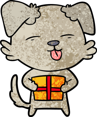 Bir insan tarafından çizilmiş noel hediyeli çizgi film köpeği.