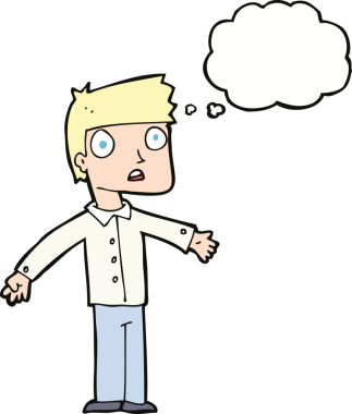 Bir insan tarafından çizilen düşünce baloncuğuyla şok olmuş bir adam.