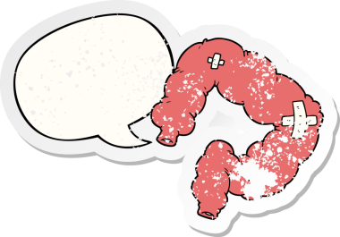 Konuşma baloncuğu olan karikatür kalın bağırsağı bir insan tarafından çizilmiş sıkıntılı eski bir çıkartma