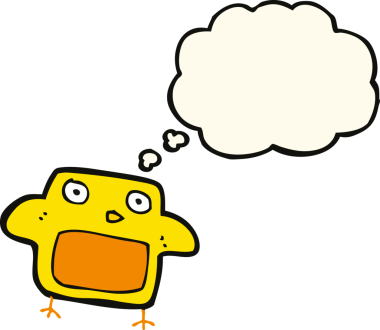 Bir insan tarafından çizilmiş düşünce baloncuklu çizgi film kuşu.