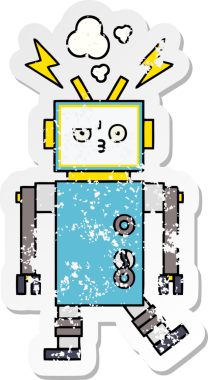 Bir insan tarafından çizilmiş sevimli bir robot çizgi film çıkartması.