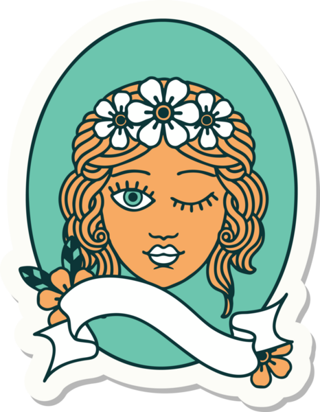 Bir insan tarafından çizilmiş çiçek taçlı bir bakirenin sancağıyla dövme stili çıkartması.