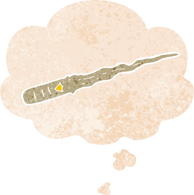 Düşünce baloncuklu çizgi film sihirli değneği grunge sıkıntılı retro dokuma tarzı bir insan tarafından çizilmiş