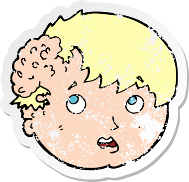 Bir insan tarafından çizilmiş kafasında çirkin bir büyüme olan bir çizgi film çocuğunun gerilimli retro yapıştırması.