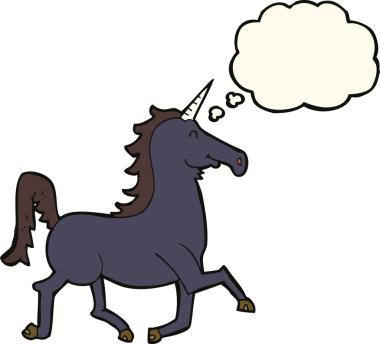 Bir insan tarafından çizilmiş düşünce baloncuklu tek boynuzlu at.