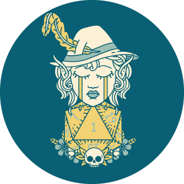 Retro Dövme Tarzı Ağlayan Elf Ozan Karakteri Bir insan tarafından çizilmiş doğal D20 rulo