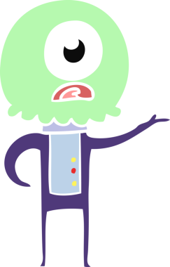 Düz renkli çizgi film Tepegöz uzaylı uzay adamı bir insan tarafından çizilmiş.