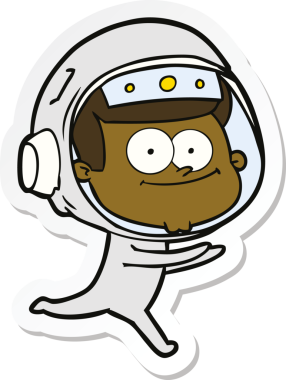 Bir insan tarafından çizilmiş mutlu bir astronot çizgi filminin çıkartması.