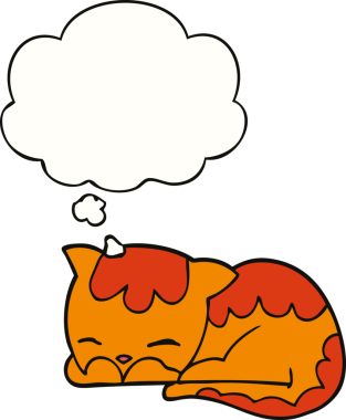 Bir insan tarafından çizilmiş düşünce balonuyla uyuyan çizgi film kedisi.